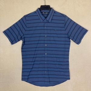 Travis Mathew Short Sleeve Button Up Shirt Mens M Blue Striped Chest Pocket Slim